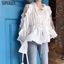 SuperAen кружева с открытыми плечами Для женщин рубашка сплошной Цвет дикий прелестные модные туфли блузки и топы женские Весна Новый 2019