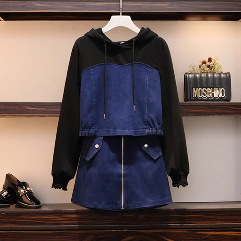 

2019 Spring Autumn New Casual Plus Size Denim Hooded Jacket Tops 2 Piece Set Suit Women Fashion Jeans Mini Skirt Female XL-4XL