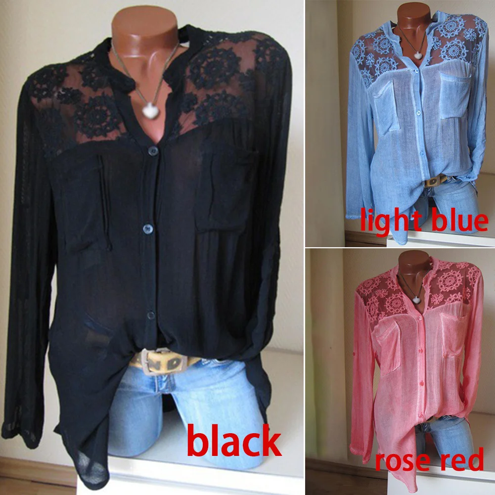 Décontracté Red À Femmes Black Automne Chemises Fabala Blouse light Dentelle Basiques Bas Le Y cou Bouton vers Manches Tops Longues Blue Lâche rose 6BIOUIq