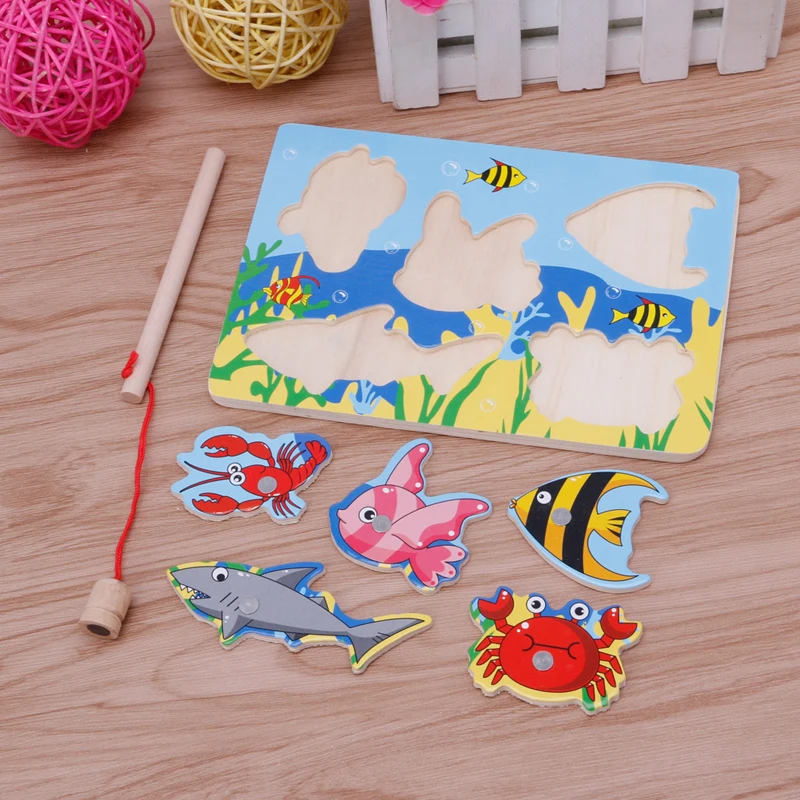 

Baby Wooden Magnetic Fishing Game Board 3D Jigsaw Puzzle Children Education