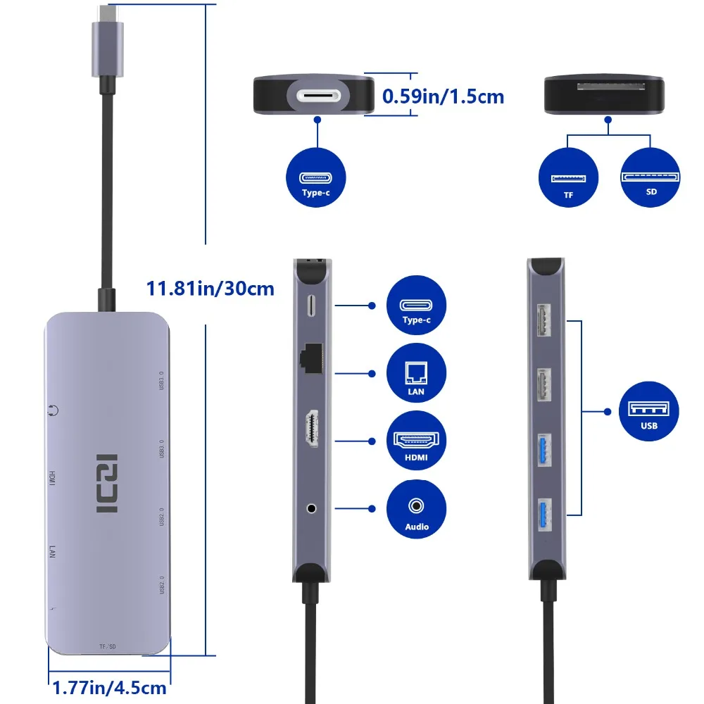 ICZI 10 в 1 USB C концентратор с 3,5 мм Аудио HDMI LAN TF \ SD слот USB 3,0 2,0 для Macbook huawei mate 10 \ 20 P20 samsung S8 S9 Note 9