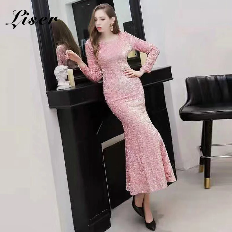 

Liser 2019 New Spring Women Dress O Neck Sequined Dress Sexy Bodycon Elegant Evening Party Navy Pink Fishtail Dresses Vestidos