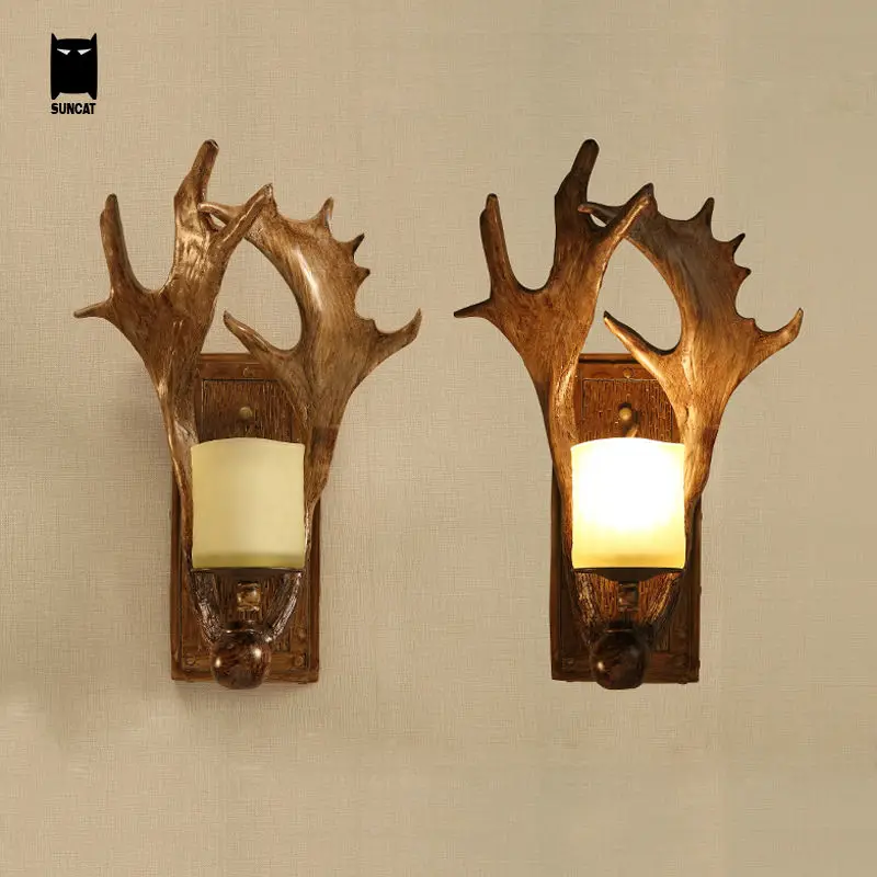 2-Light Resin Antler Wall Light Fixture Vintage Retro Deer Horn Sconce Lamp 