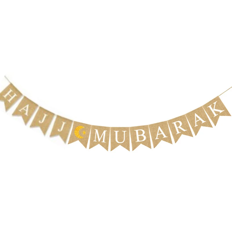 

Linen HAJJ Mubarak Banner Muslims EID Mubarak Decorations Hanging Flag with Ropes Islam Home Decors Party Supplies