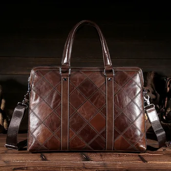 

Vintage Plaid Brand Designer Genuine Leather Bag Soft Cow Leather Briefcase Casual Men Leather Handbags