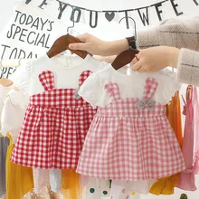 Цена; летнее платье для маленьких девочек с милым кроликом; красное/розовое праздничное платье принцессы в клетку для новорожденных; одежда для малышей