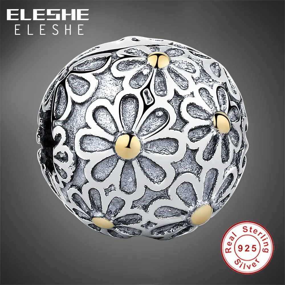 ELESHE New Fashion Real 925 Sterling Silver Daisy Flower Clip Charms Bead Fit Original Bracelet Bangle Authentic Jewelry