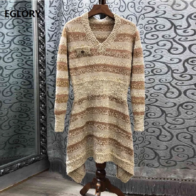 

High Quality Sweater Dress 2019 Spring Style Women V-Neck Golden Yarn Knitting Long Sleeve Asymmetrical Casual Dress Jumper
