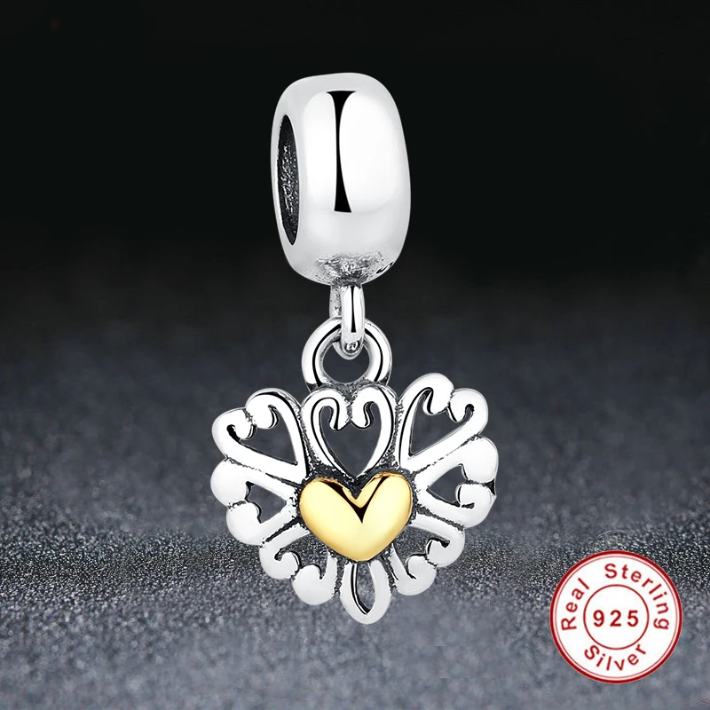 ELESHE REAL 925 Sterling Silver OPENWORK HEART SILVER DANGLE Charm Fit Original ELESHE Bracelet Pendant Charms DIY Jewelry