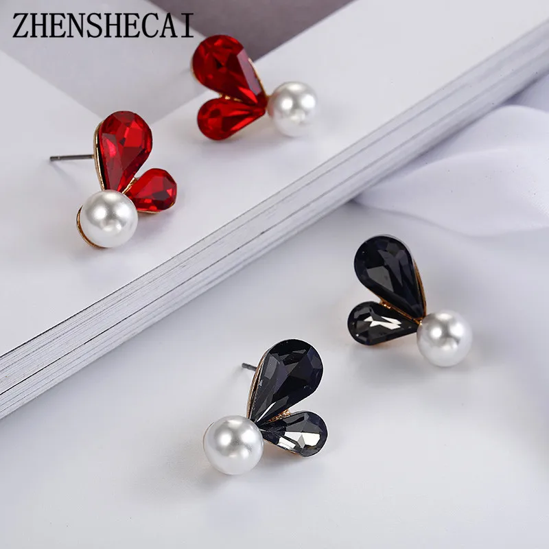 

2018 Presents black red Color Stud Earrings heart design lovely small earring pearl wedding engagement jewelry gift
