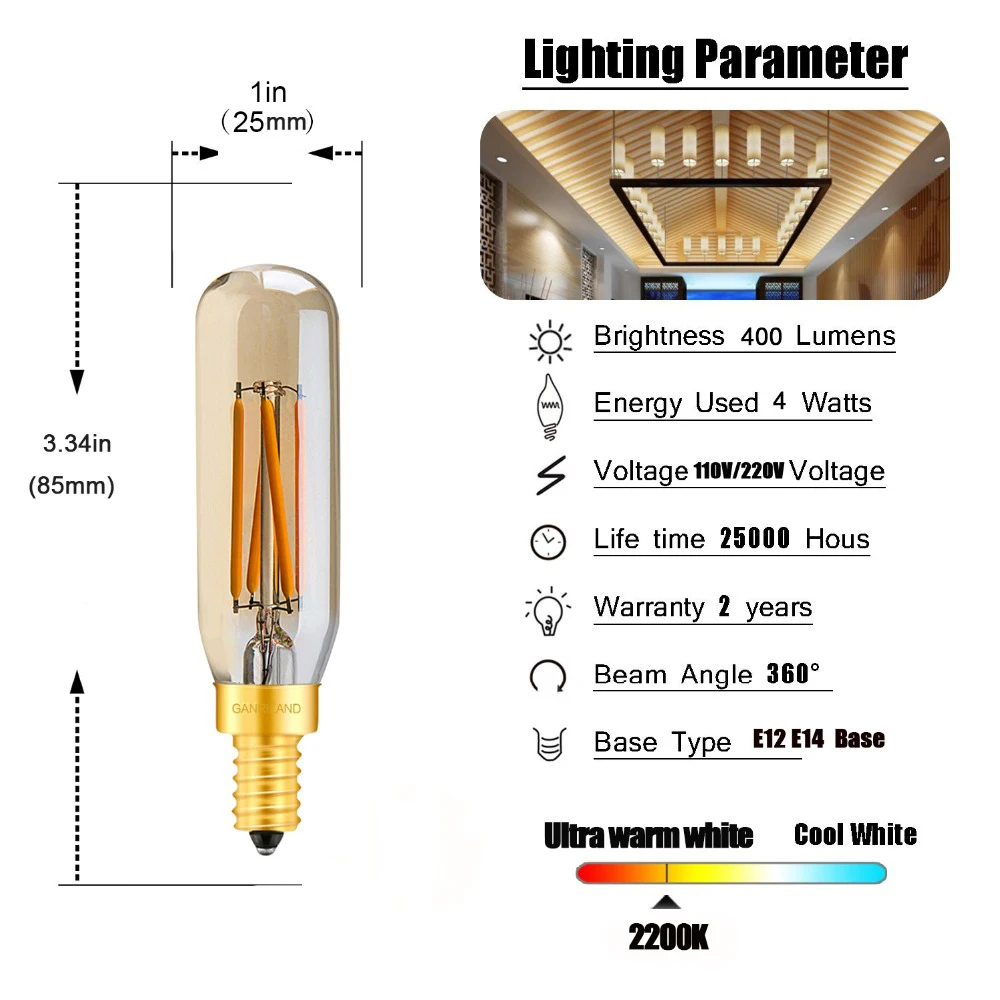 Ganriland из янтарного стекла T25/T8 трубчатый светодиодный светильник 4 Вт 2200 к Ретро светодиодный светильник E12 E14 с регулируемой яркостью декоративная люстра