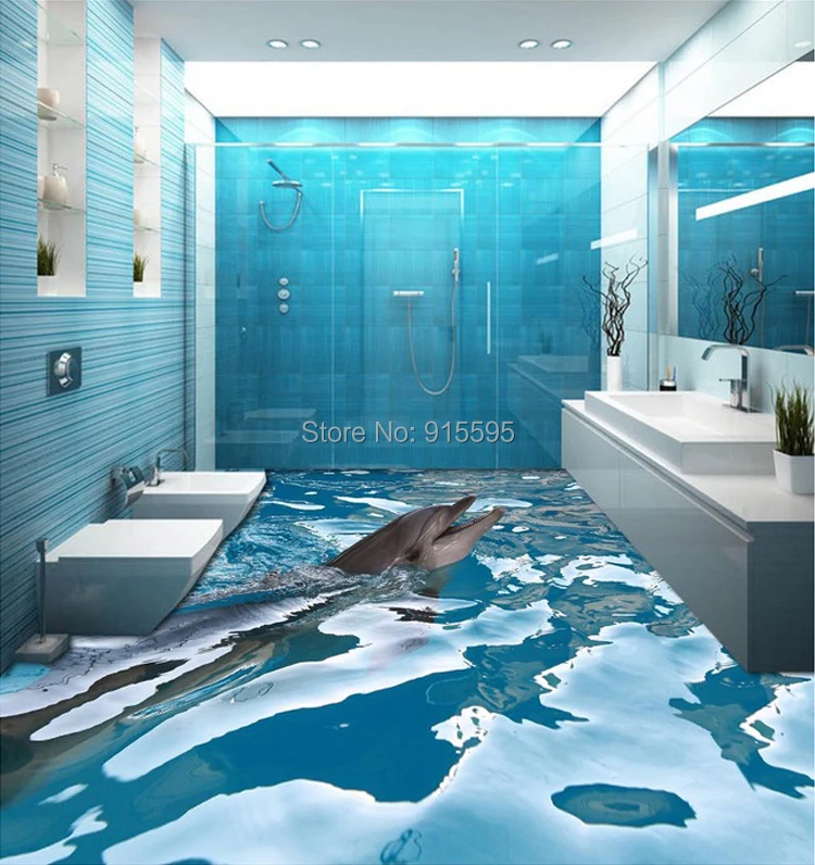 Пользовательские 3D пол стены бумаги стены морской воды дельфин напольная наклейка для ванной бумаги носить Нескользящие водонепроницаемые самоклеющиеся ПВХ росписи