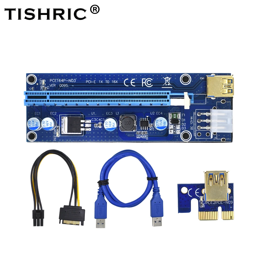 

TISHRIC 10pcs 2018 Golden VER009S PCI-E PCIE Molex PCI Express USB3.0 Extender Adapter LED 6Pin to SATA 1X 16X Riser Card Mining