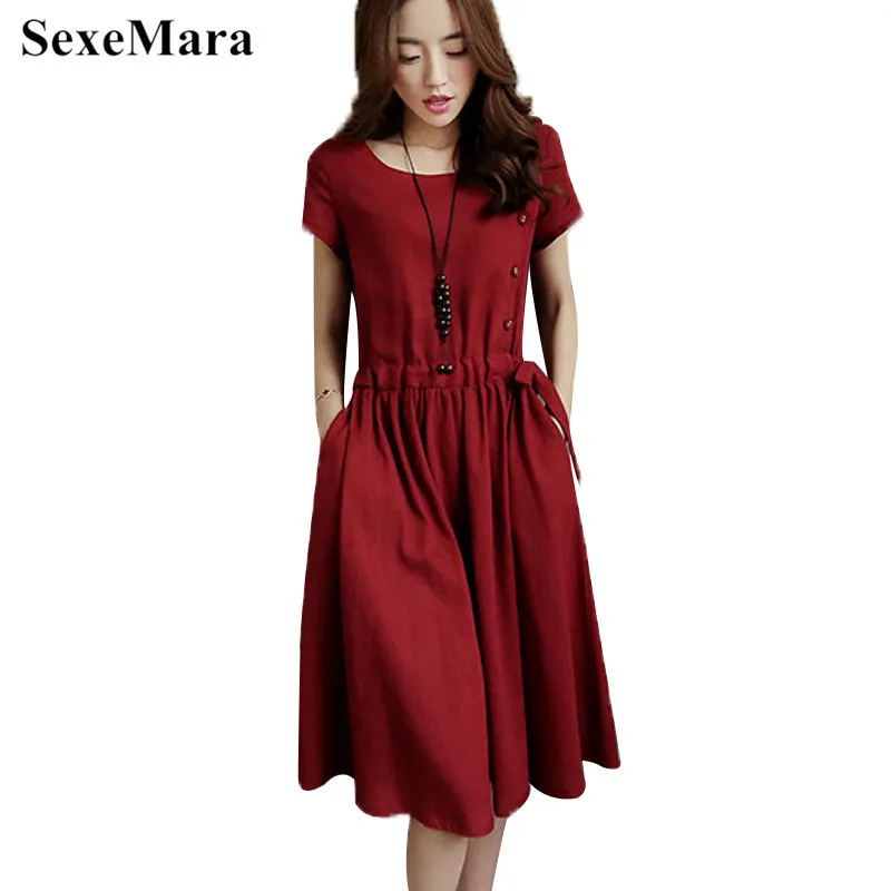 

2019 spring Dress For Women Cotton and Linen Dresses Midi Solid Color Short Sleeve Dress Spring Casual Vintage vestidos Dress