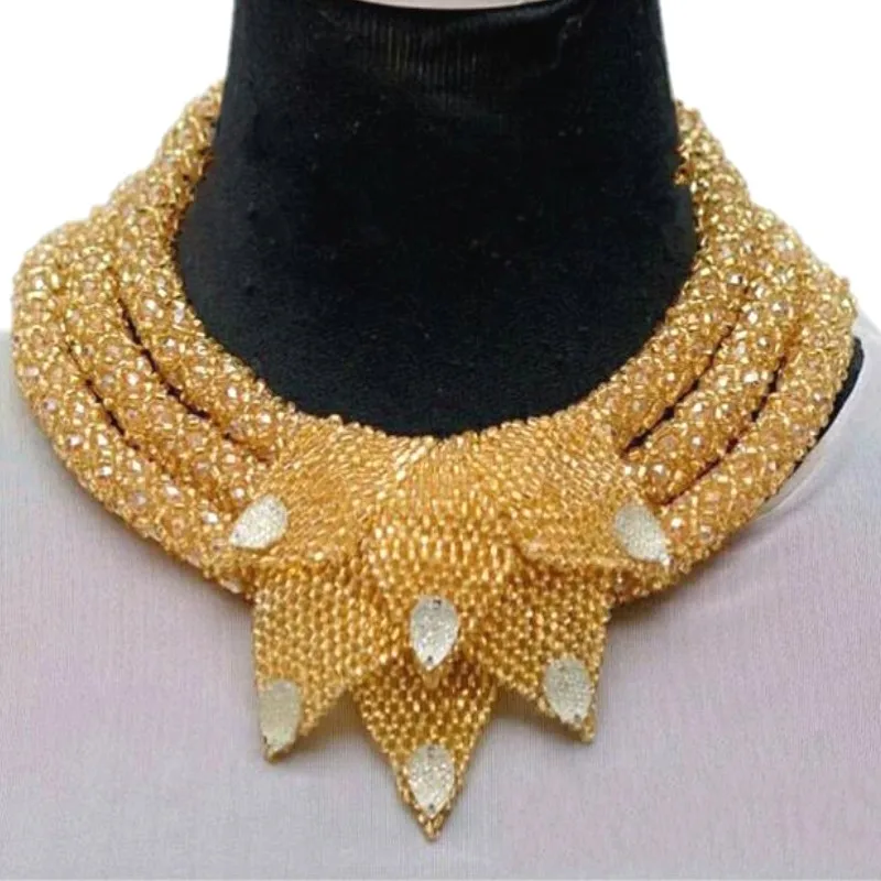 Luxury Gold Dubai Jewelry Sets Bridal Design 3 Layers Necklace With Leaves Nigerian Jewellery ...