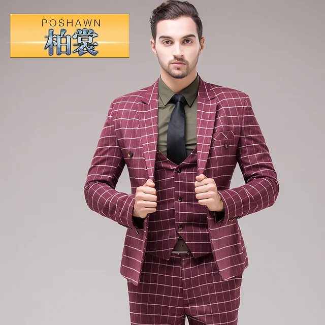 Wedding Suits For Men Fashion Male Wine Red Plaid Suit Men's Slim