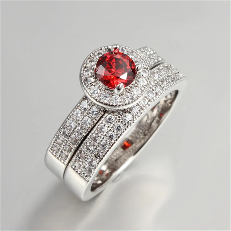 New Women Wedding Ring Sets White Gold Color Rings Red Aaa Crystal