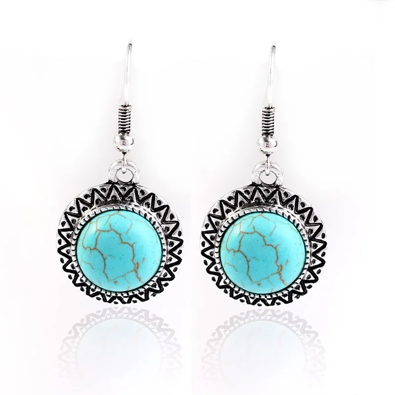 

Women earrings retro simple round shape engraving natural stone turquoised earrings features texture stone earrings