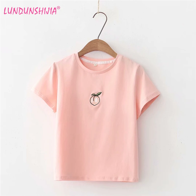 

LUNDUNSHIJIA 2018 Summer Short Style Cotton T-shirts For Women Peach Embroidered Tee Tops Short Sleeve O-neck Female T-shirt