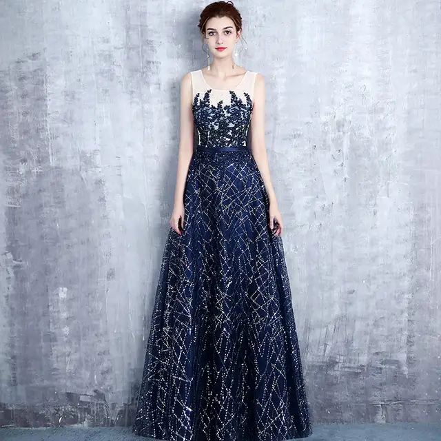 Navy Blue Sequins Bridesmaid Dress Plus Size Sleevless Women