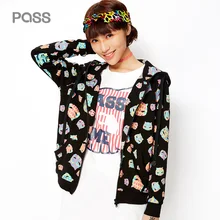 PASS 2017 New Arrival Women Spring Jacket Fashion Cartoon Print With Hat Short Jacket Female Zipper Loose Coat