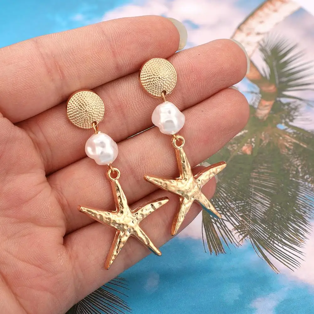 

HuaTang Gold Starfish Pearl Long Pendant Earrings For Women Girl Piercing Dangle Earring Jewelry Beach Outfits Pendientes B23202