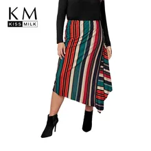 Kissmilk, женская одежда размера плюс, офисная, стильная, высокая талия, разноцветная, в полоску, асимметричная юбка