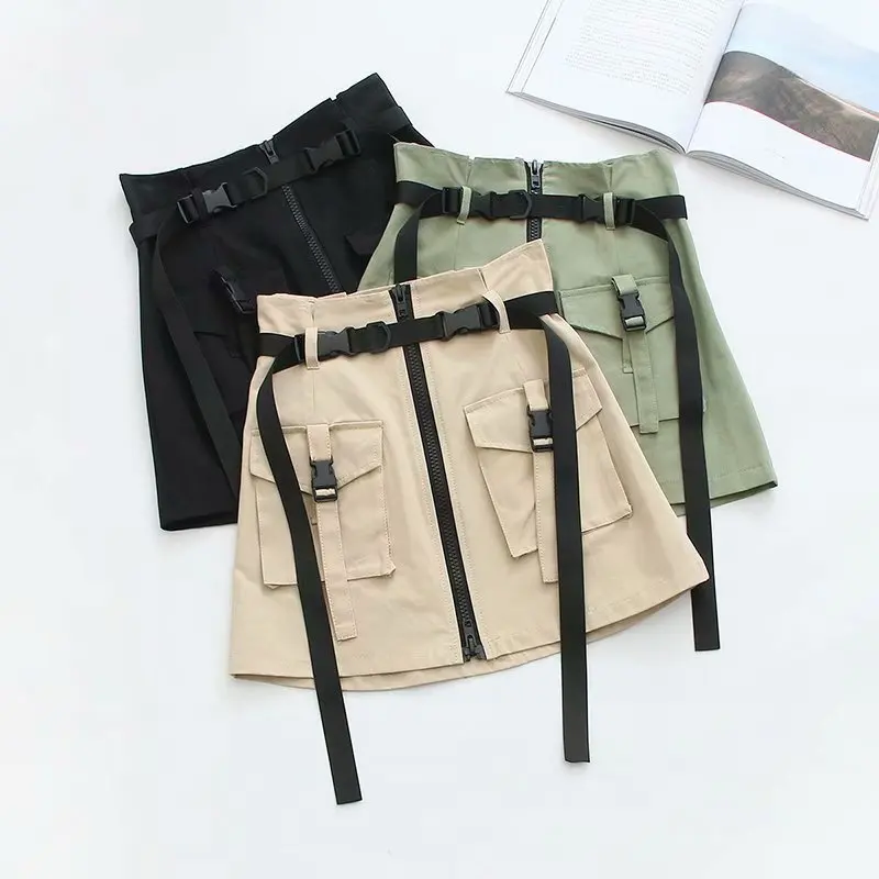 

QZ504 Women's Casual Double Pockets Sashes Deco Front Zipper Skirt Casual Skirts Saias