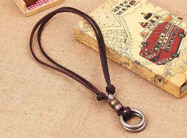 Genuine Leather Men Necklace Vintage Brown Men's Charms Pendant Accesorios Male Jewelry Sieraden (3)