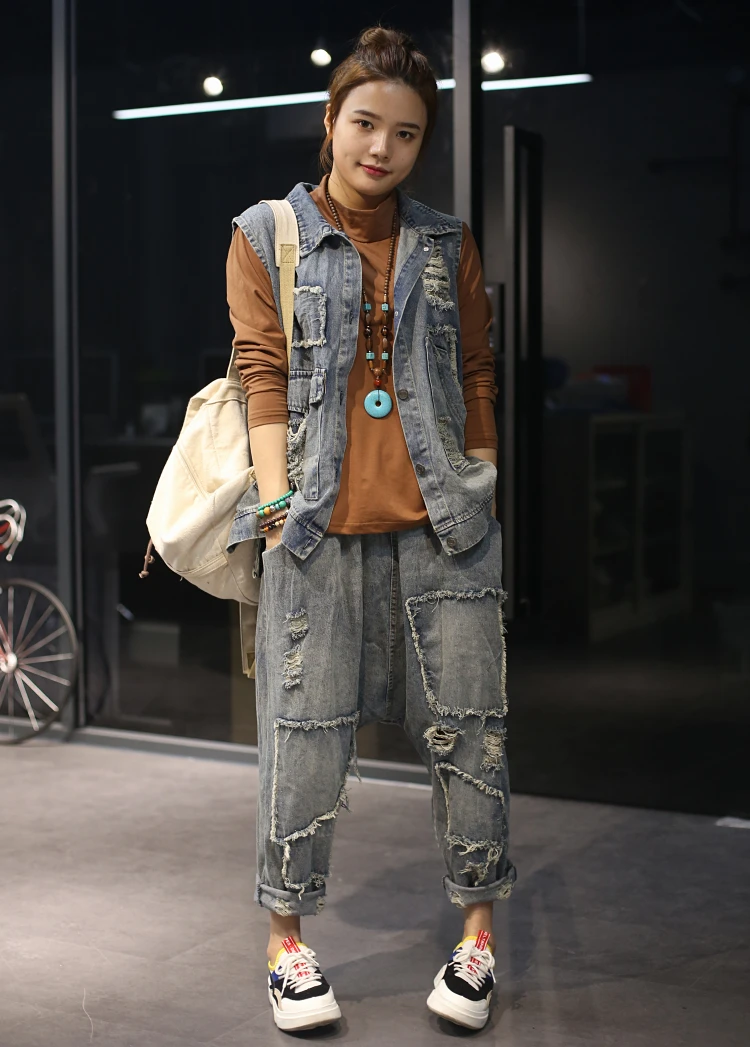 Women Denim Vest + Denim Pants Jeans Sets Suits Female Bleached Vintage