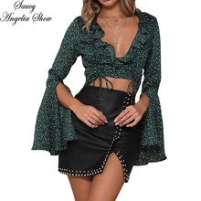 SAUCY ANGELIA для женщин футболка сексуальный кружево Up Crop Top Глубокий V Cut рубашка с оборками на рукавах Vetement Femme повседневное футболки верхняя одежда
