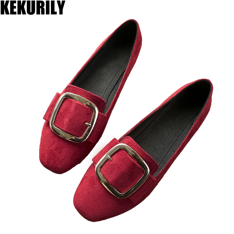 

Big size Metal Buckle Shoes Ladies Flats Loafers red Casual square toe Slip on Shoes Woman Comfortable flat Slides black Gray
