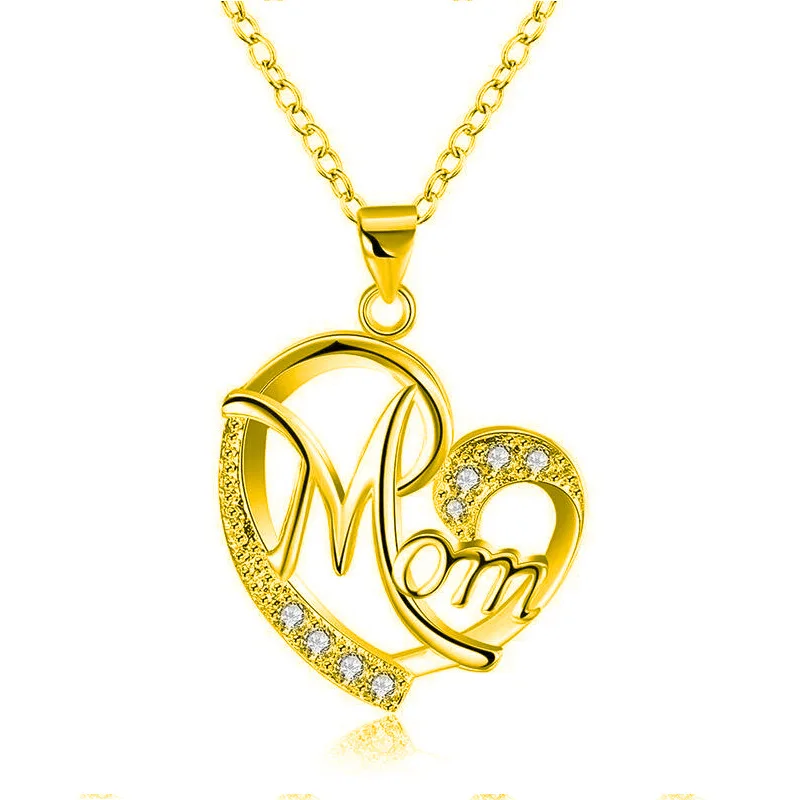 

Wholesale(12pcs/lots) MOM Heart Mother's Day Zircon Silver Women Necklace Jewelry Lady Stone Fashion Cute Pendant Necklace