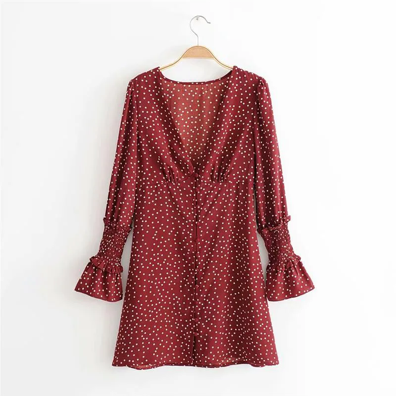 yinlinhe Red Polka Dot Summer Dress Long Sleeve 2018 Vintage V neck Button Dress Women Sexy Elegant Beach Vestidos   8