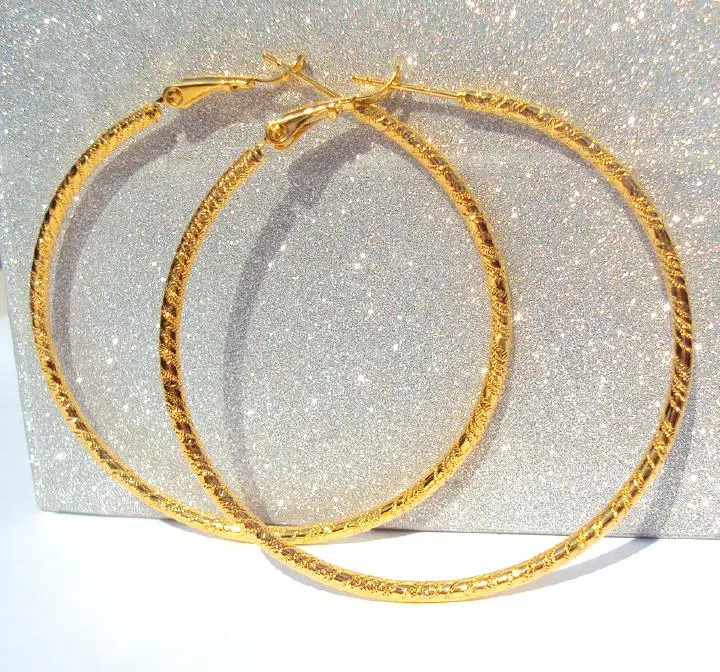 

New Pure 24K Yellow Gold GF Hoop Earrings / Perfect Big Circle Earrings 3g Best Packaged Have Tracking Number