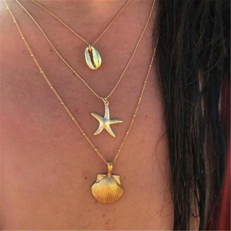 

GIVVLLRY Triple Layered Chain Necklace for Women Bohemian Beach Gold Metal SHell Starfish Conch Pendant Necklace Fashion Jewelry