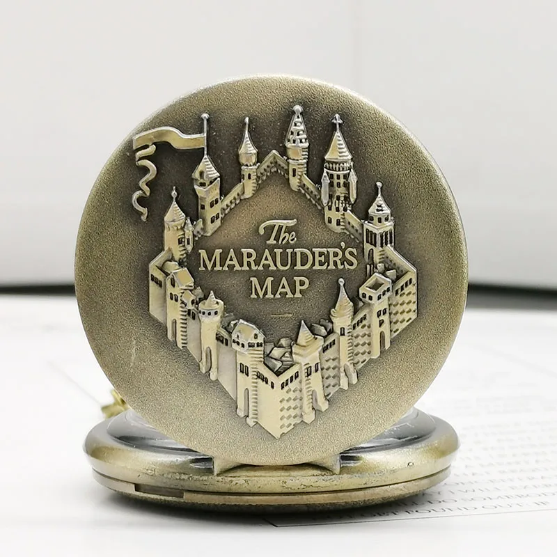 

The Marauders Map Bronze Pocket Watches Vintage Sculpture College Building Pattern Quartz Pocket Watch FOB Necklace Chain XH3001
