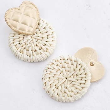 

AENSOA Bohemia Handmade Rattan Straw Weave Round Earrings Boho Wooden Braid Heart Shape Drop Earrings For Women Girl Jewelry