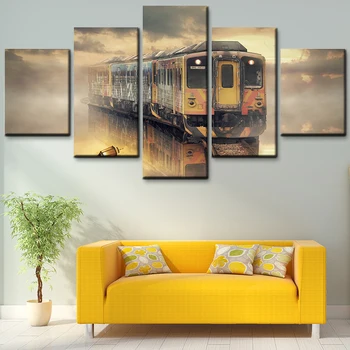 

Home cuadros decor 5 pieces modular large canvas painting retro train reflection poster HD printed living room wall art picture