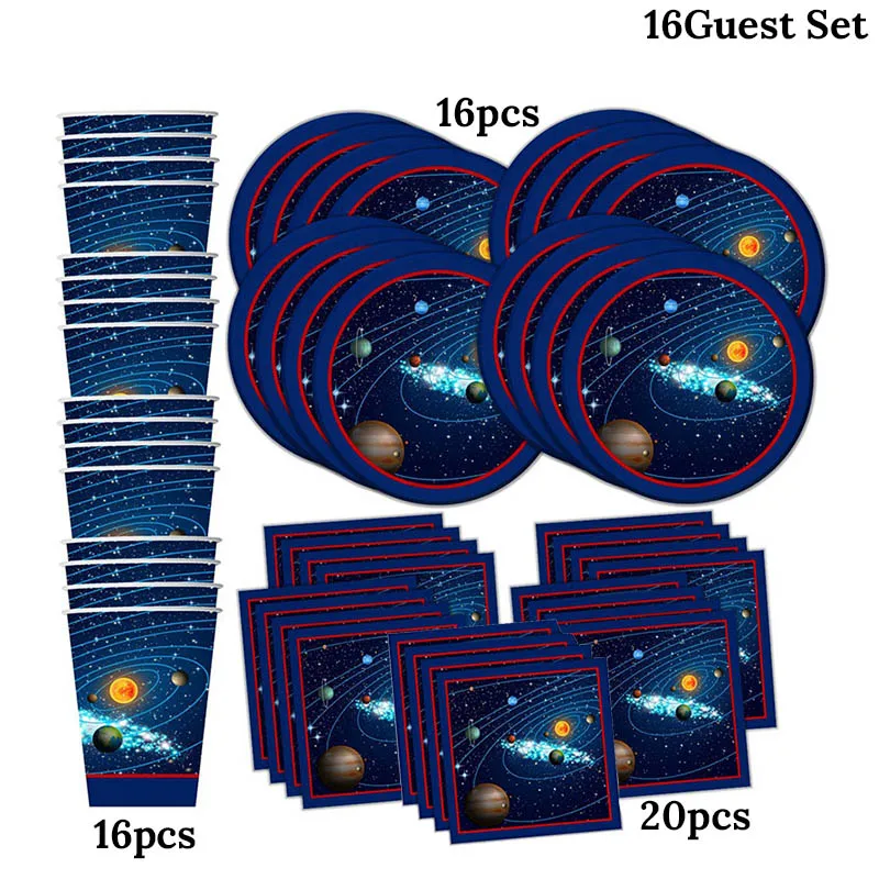 Вечерние столовые приборы на солнечных батареях в космическом стиле, тарелки для кексов на день рождения для мальчиков, принадлежности для тематической вечеринки - Цвет: 16guest kit