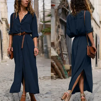 

Women Solid Long Sleeve blouse Casual Shirt skirt V-Neck Button Split Hem blouse Sexy Party Dress autumn Female Shirt skirt