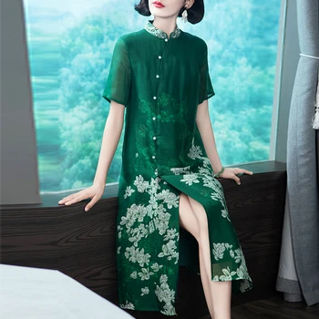 

Chinese Style Summer Women Printed Floral Pattern Red Green Elegant Loose Long Dress , Womens Mandarin Collar Placket Dresses