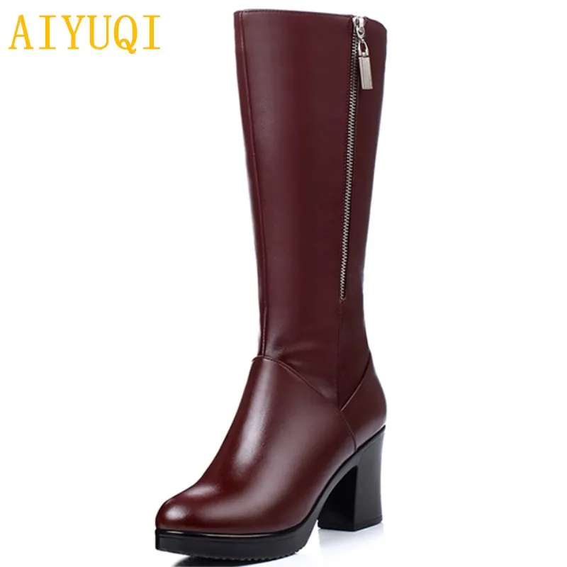 

AIYUQI 2019 new genuine leather high boots for women Fashion red winter women's heeled boots Non-slip thick Platform boots
