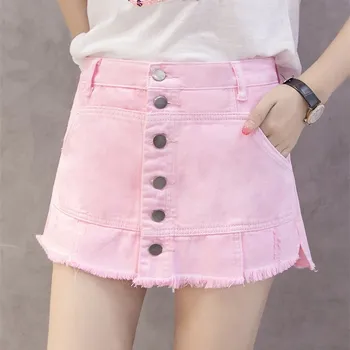 

2019 Summer Vintage High Waist Denim Shorts Pockets Women Single Breasted Tassel Slim Jeans Shorts Casual A Line Shorts Skirt