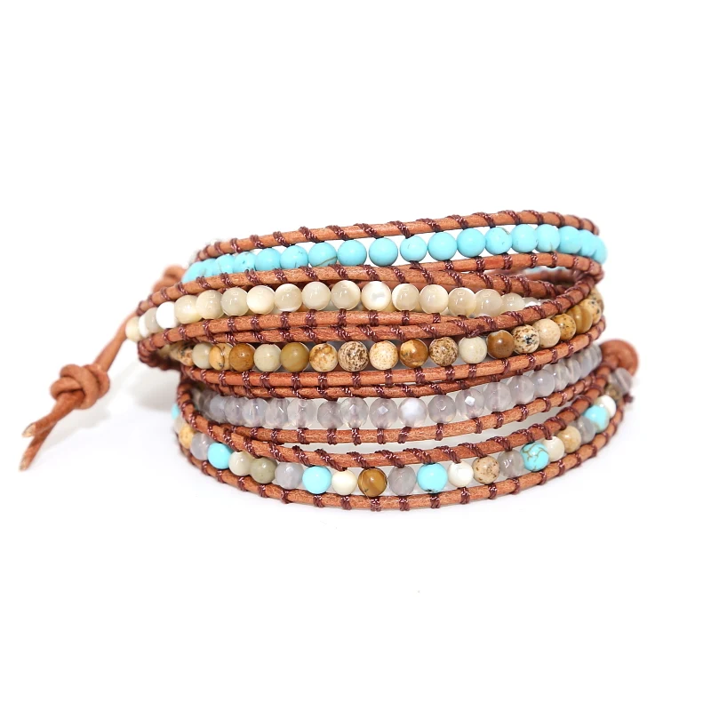 

Gift Jewelry 5 Strands 4mm Natural Stone Bead Handmade Leather Bracelet Wrap Bracelet Boho Bracelet Unique Tube Shape bracelet