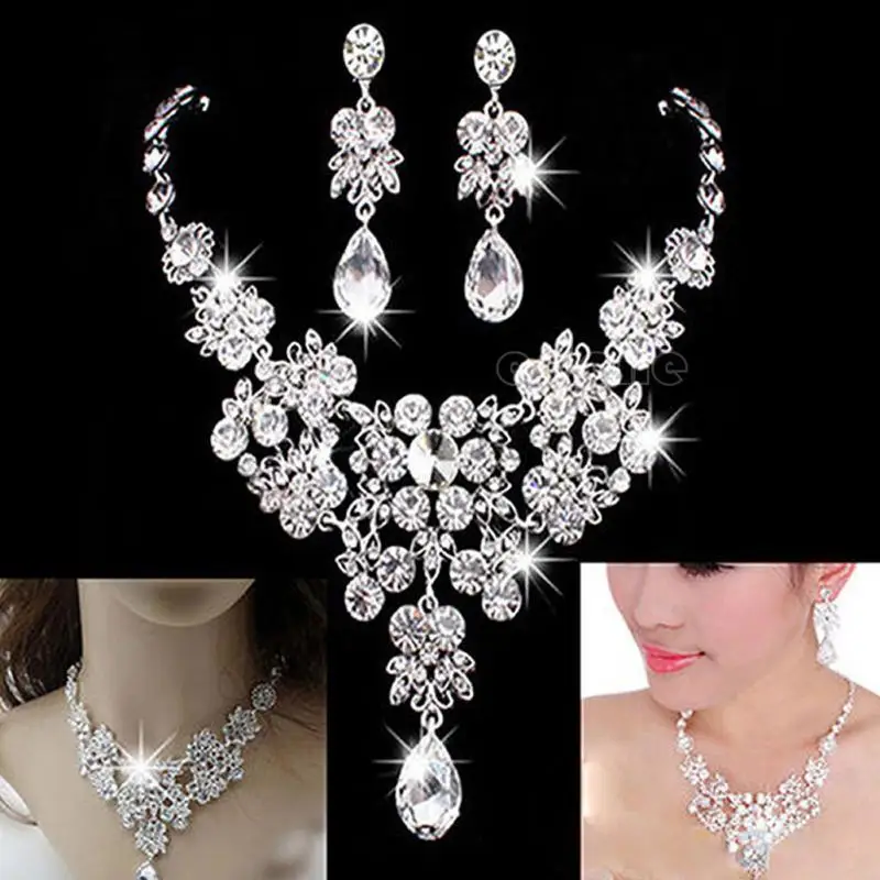 

2018 Fashion Necklace & Earrings Women Wedding Bridal Prom Crystal Rhinestone Pendant Jewelry Sets for Female Ladies Partywear