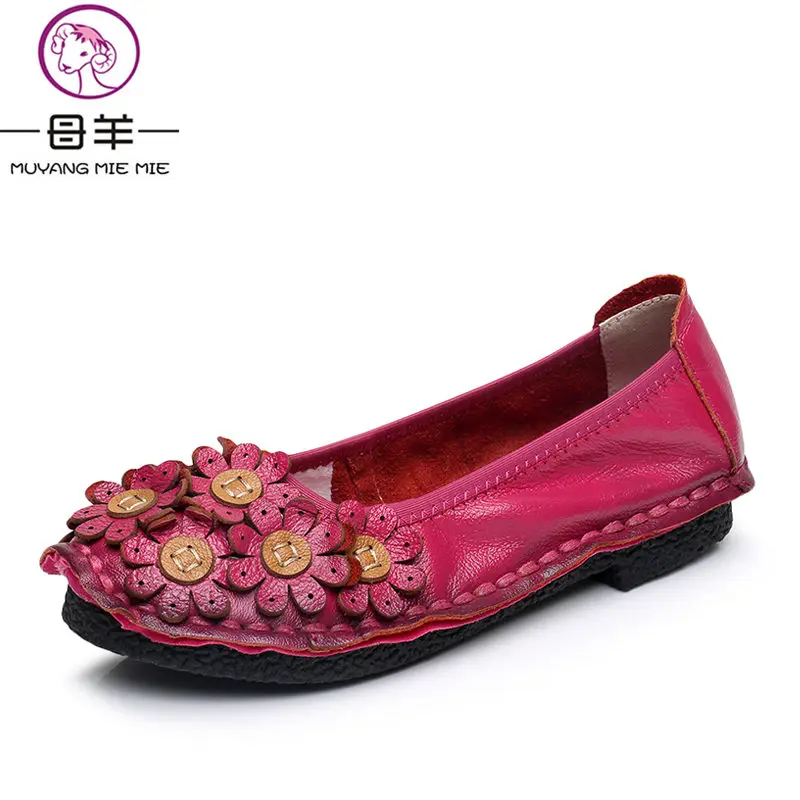 MUYANG MIE/Женская обувь из натуральной кожи; женская повседневная обувь на плоской подошве с цветочным принтом; мягкая удобная женская обувь на плоской подошве