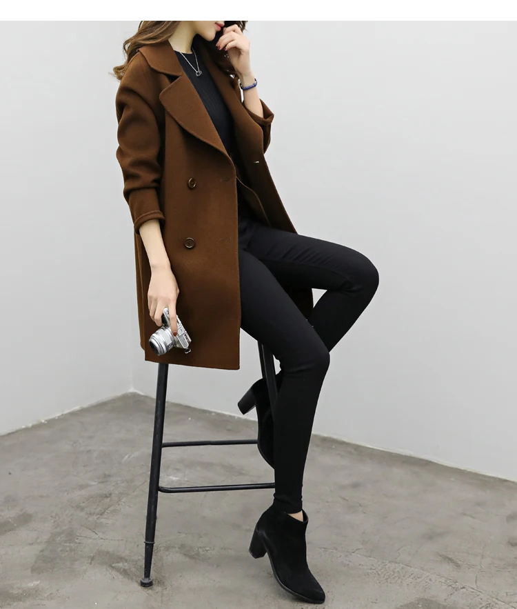 Зимнее шерстяное пальто для женщин, модное повседневное длинное пальто с отворотом, женское свободное черное приталенное пальто размера плюс, верхняя одежда, куртка