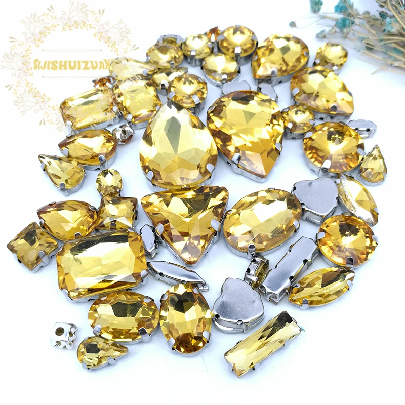 

58pcs 10shapes 25sizes Mix Golden yellow shape and sizes Glass Crystal rhinestones silvery bottom DIY Clothing accessories