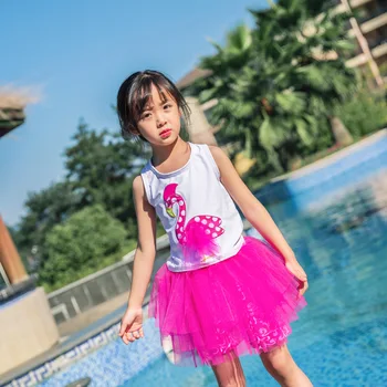 

Children's Swimsuit Kids Girls 2019 Swimwear Baby Bikini Child Girl Children Split Skirt Embroidered Flamingo Lovely Animal